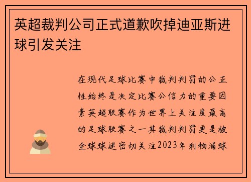 英超裁判公司正式道歉吹掉迪亚斯进球引发关注 英超裁判公司正式道歉吹掉迪亚斯进球引发关注